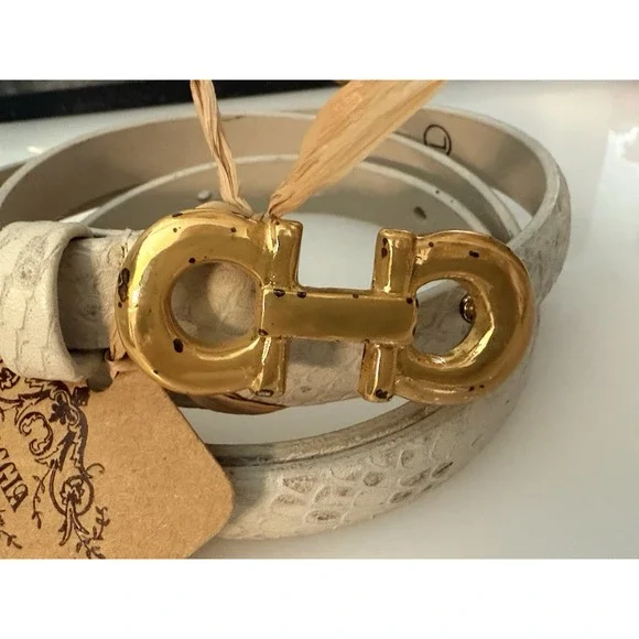 Anna Pellissari Size L Gold Tone Buckle Beige Gray Animal Print Leather Belt NWT